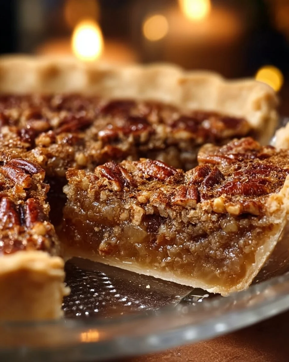Delicious classic old fashioned Southern pecan pie served on a table