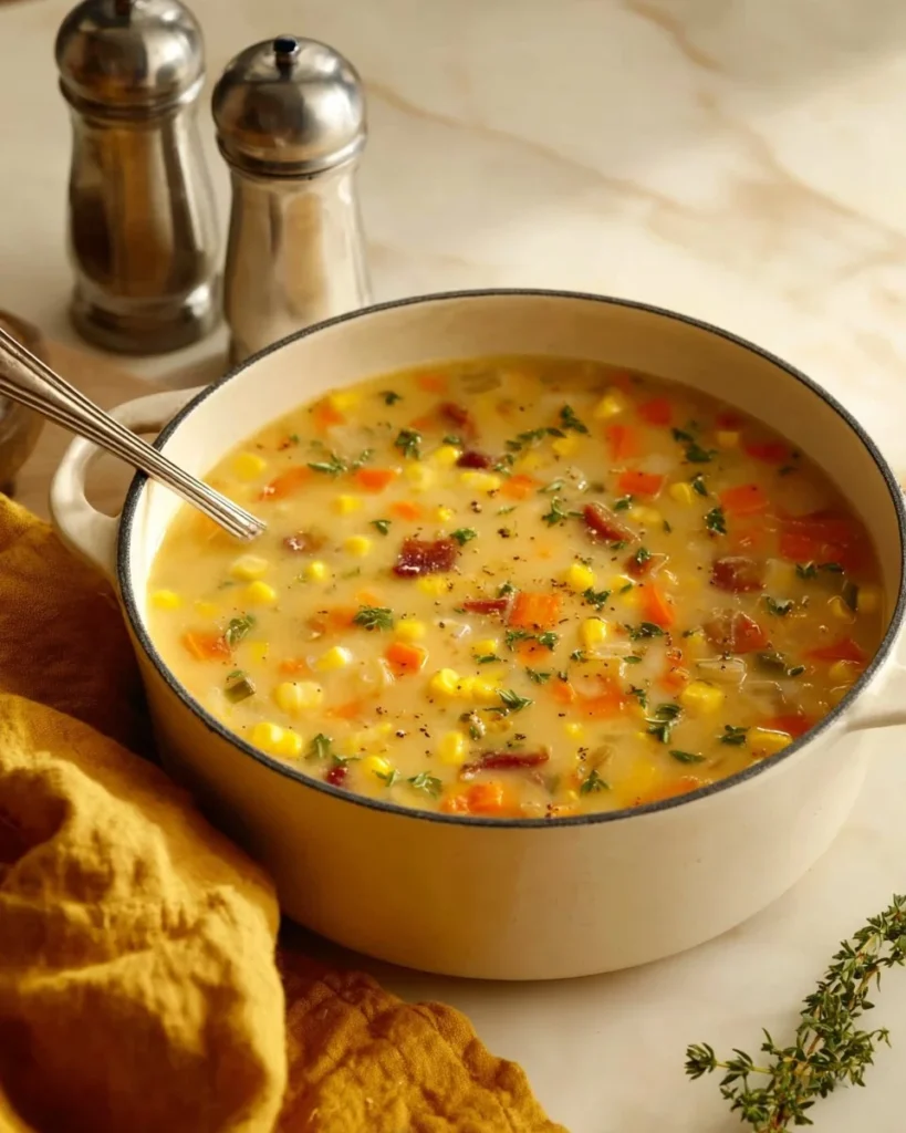 A bowl of creamy Corn Chowder topped with fresh herbs and seasonings