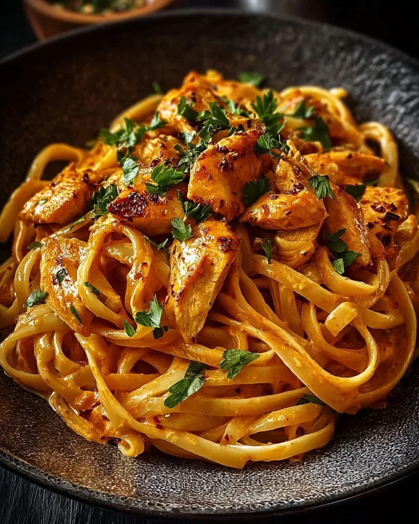 Delicious Cowboy Butter Chicken Linguine served in a white bowl