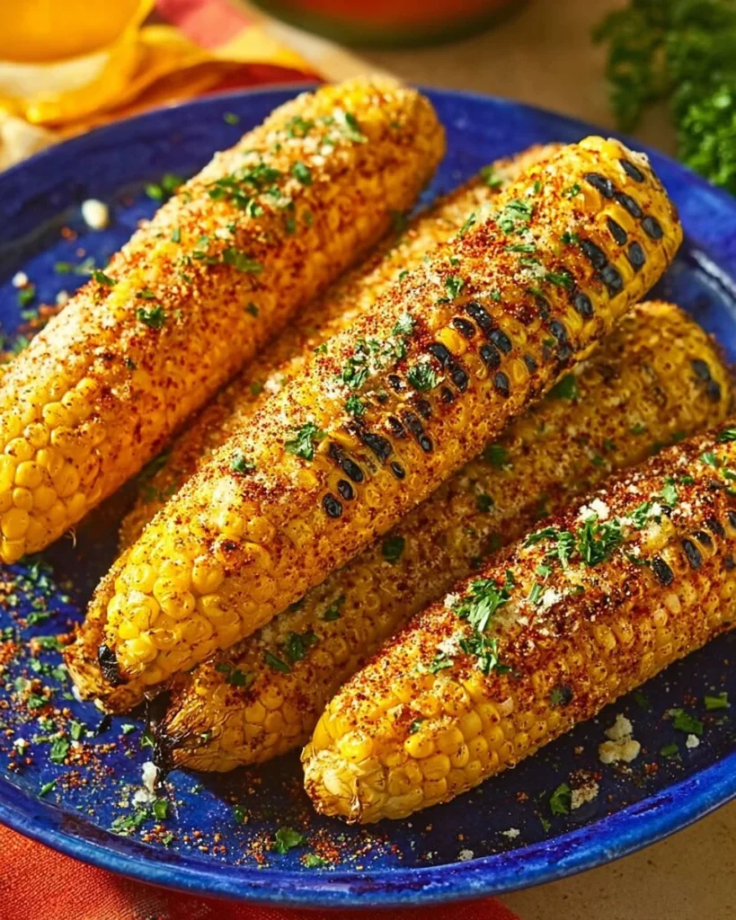 Delicious Cowboy Butter grilled corn on the cob served on a rustic wood table.