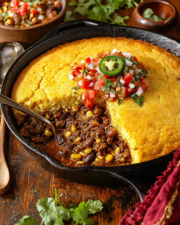 Delicious Cowboy Cornbread Casserole topped with cheese and spices