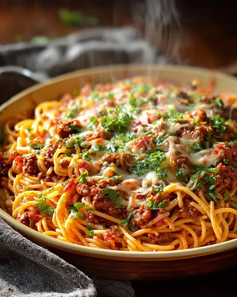 Plate of Cowboy Spaghetti with rich sauce and ingredients