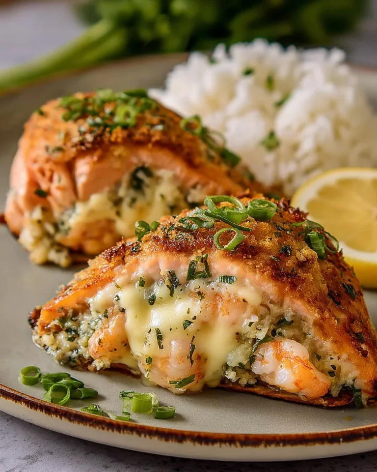 Delicious crab shrimp stuffed salmon on a plate garnished with herbs