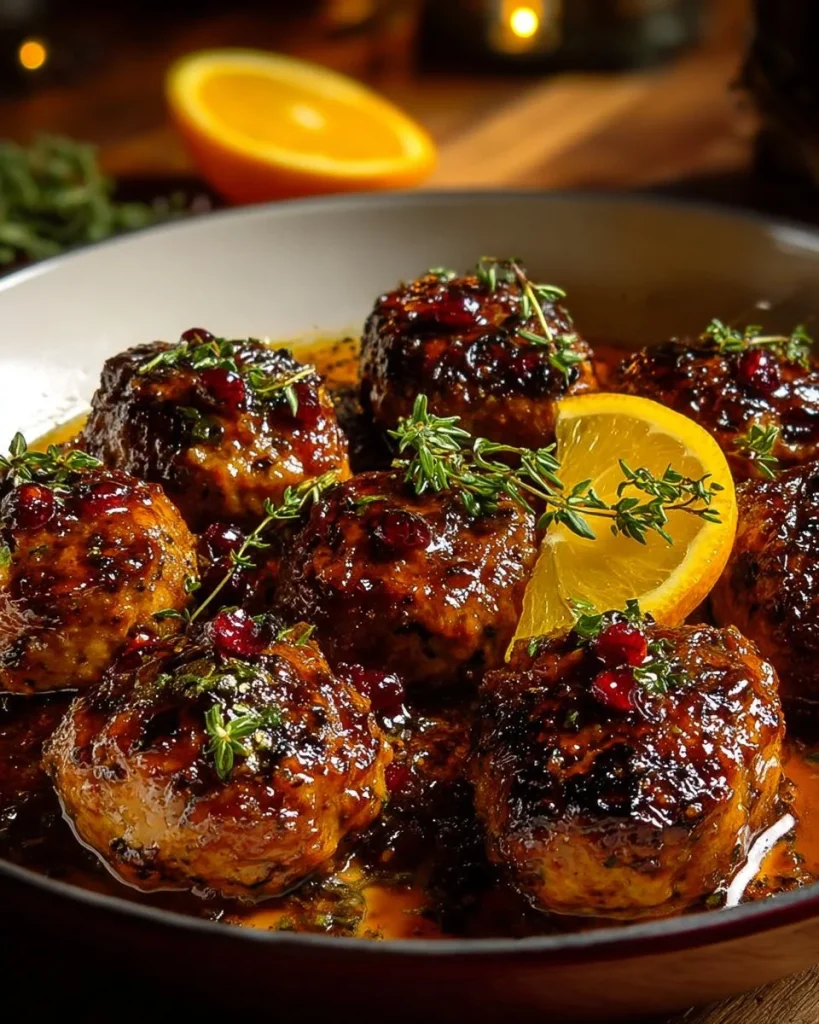 Delicious cranberry-orange chicken meatballs served on a plate with garnish.