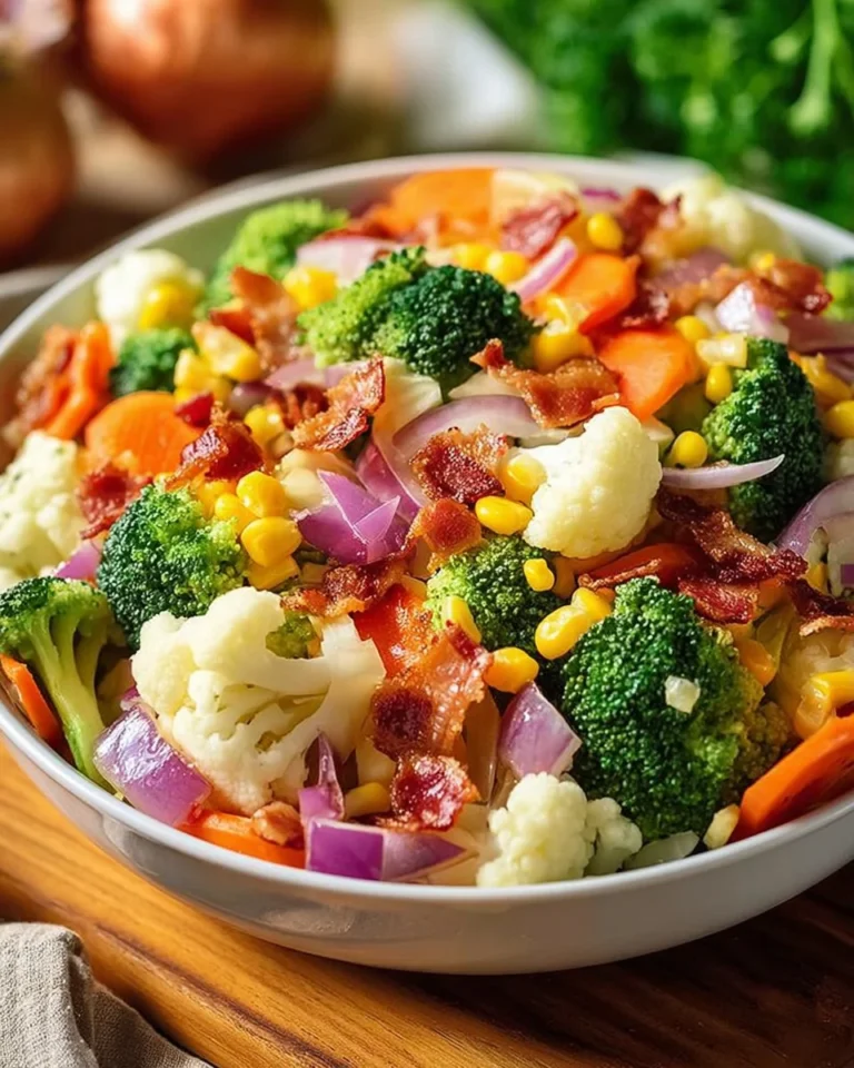 Creamy broccoli salad with cauliflower, corn, and bacon in a serving bowl