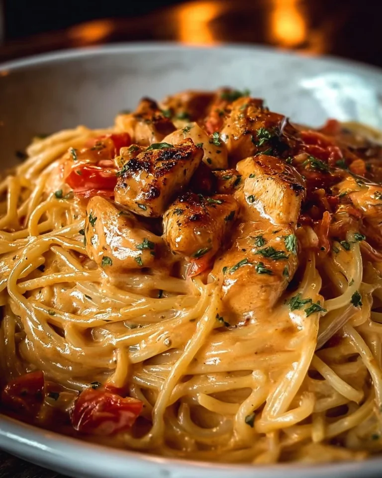 Plate of creamy Cajun Chicken Linguine garnished with herbs.