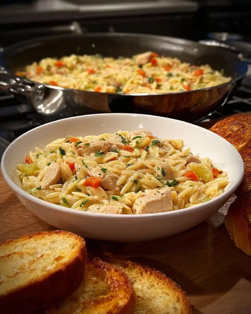Creamy Chicken Pot Pie Orzo in a bowl ready to serve