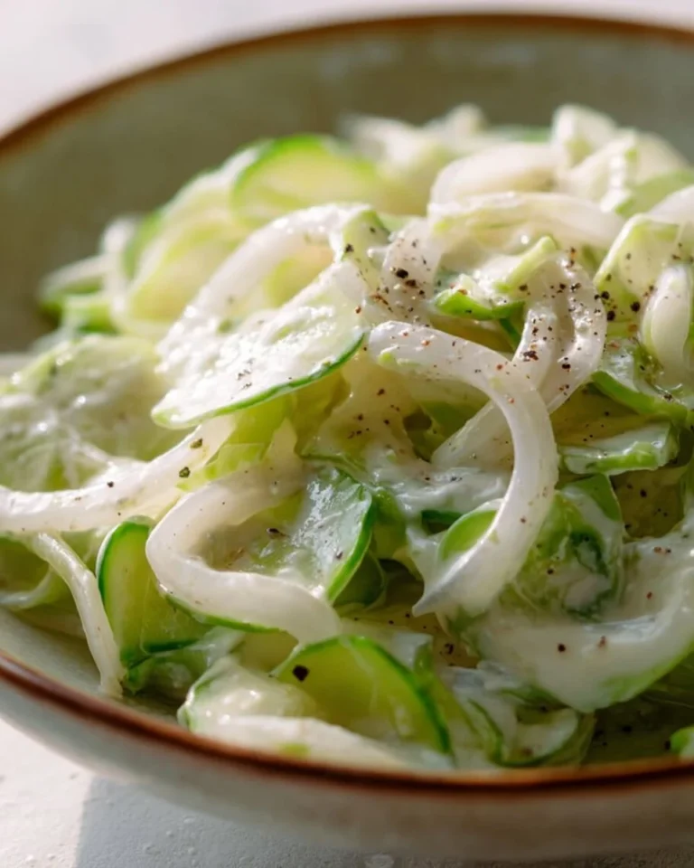 Creamy cucumber salad served in a bowl with fresh herbs and spices.
