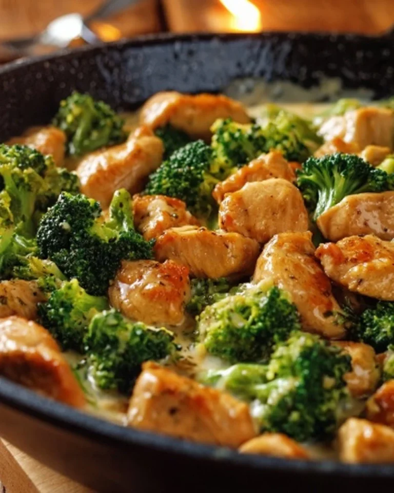 Creamy Garlic Chicken skillet with broccoli on a rustic table