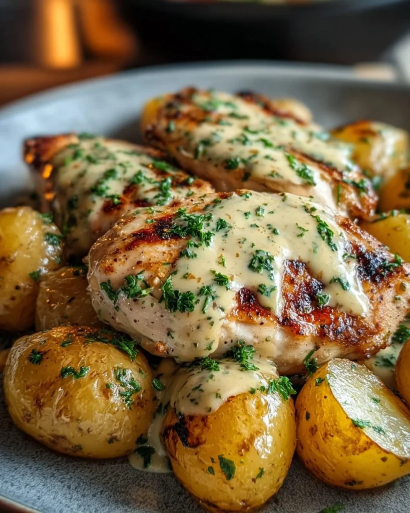 Creamy garlic chicken served with roasted baby potatoes, a delicious dinner