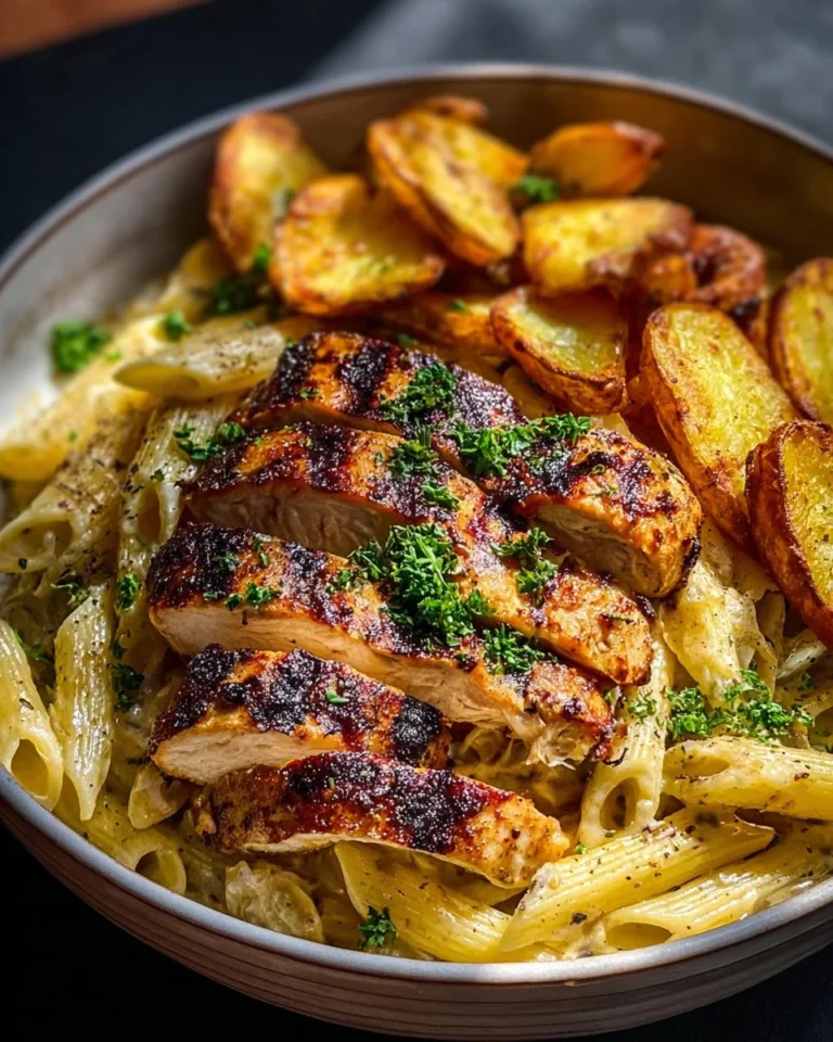 Creamy garlic herb chicken served with crispy potato pasta in a bowl