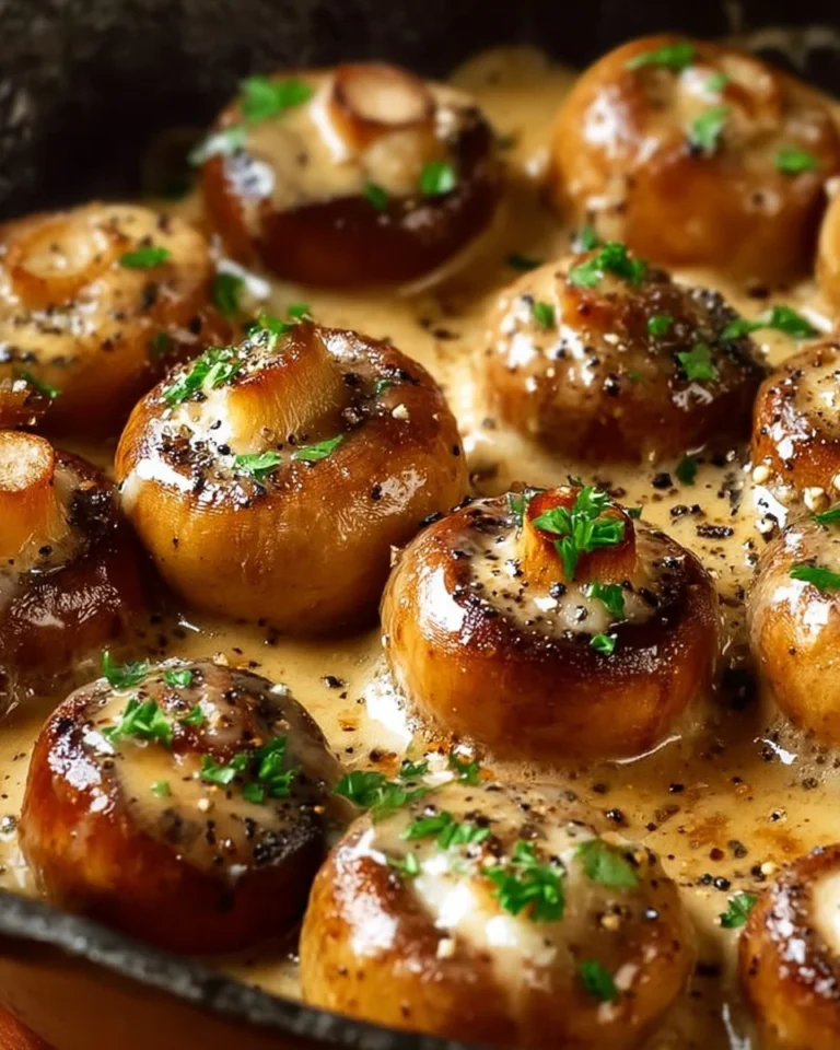 Creamy garlic parmesan mushrooms served in a skillet