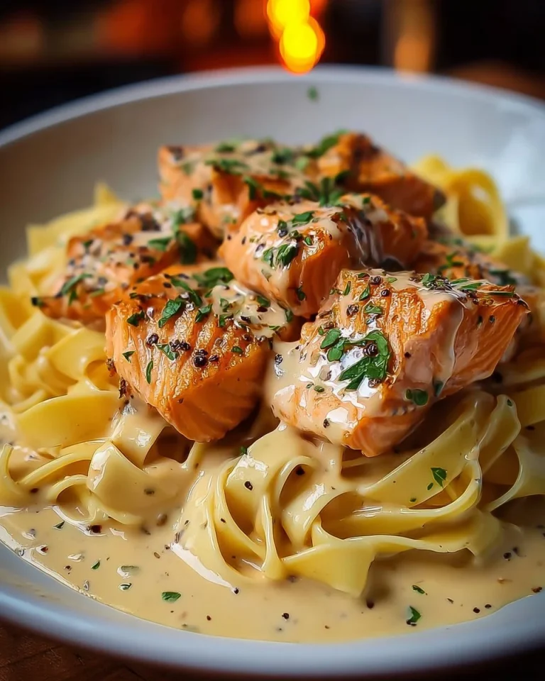 Creamy garlic salmon pasta dish topped with herbs and served on a plate.