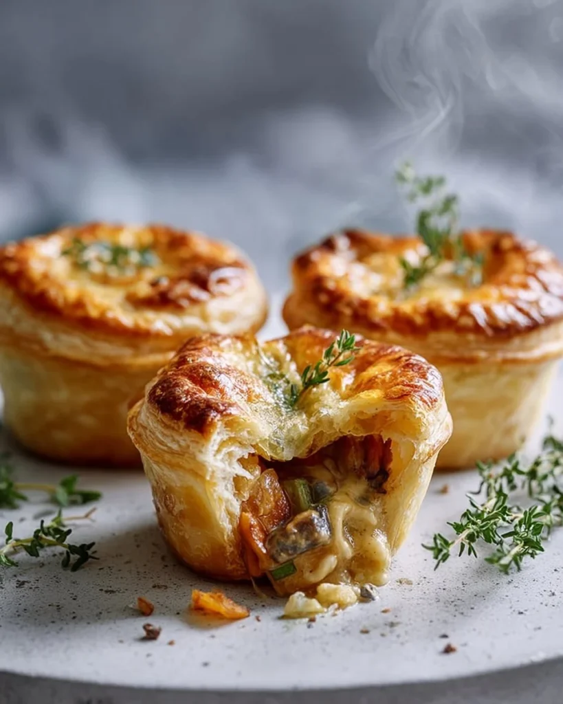 Creamy leek and mushroom mini pies topped with Gruyère cheese