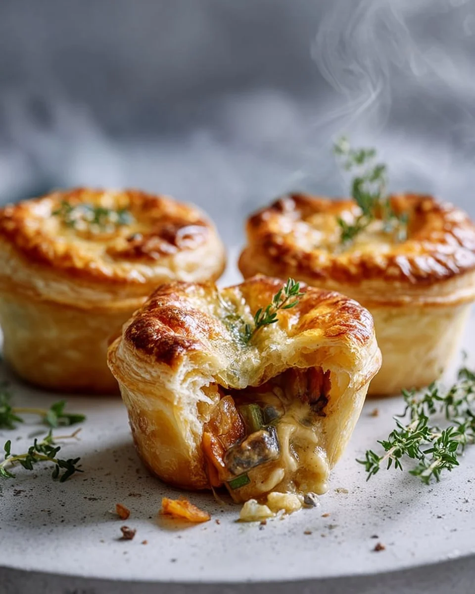 Creamy leek and mushroom mini pies topped with Gruyère cheese