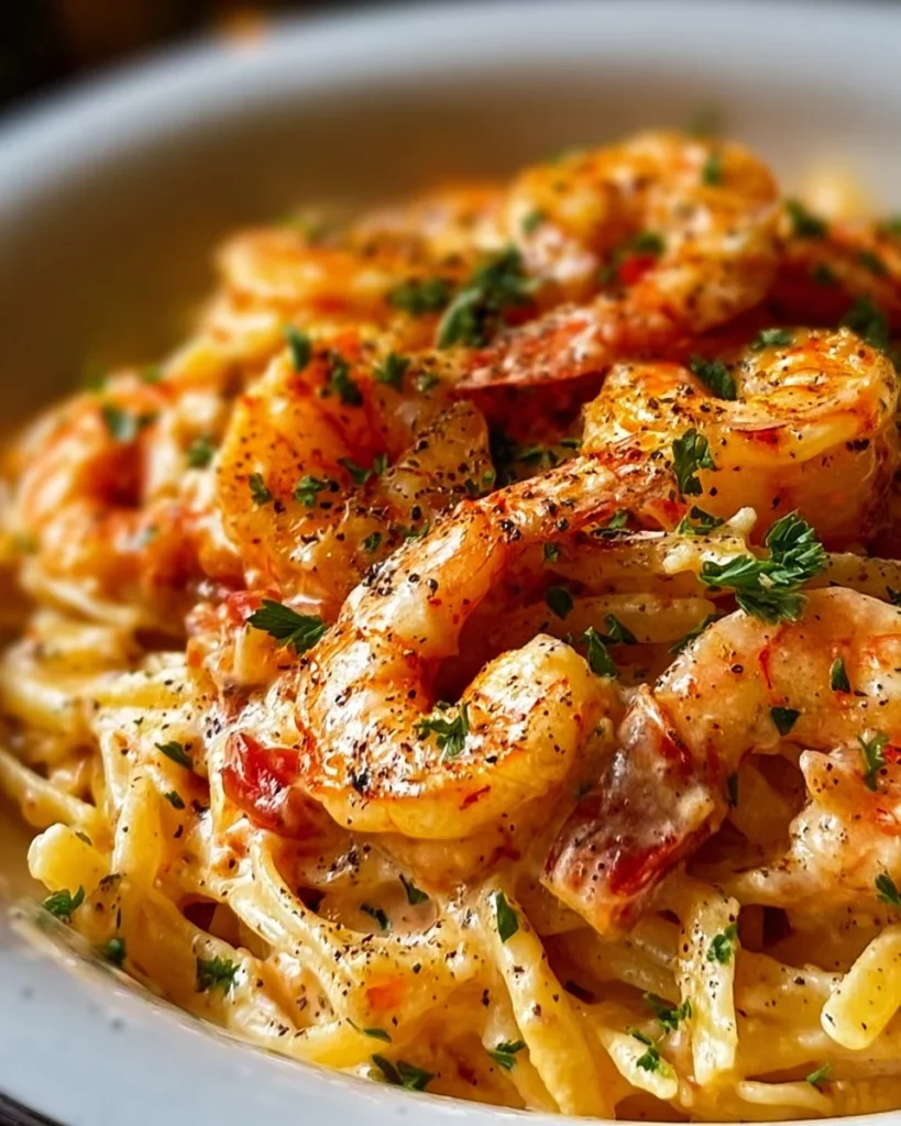 Plate of creamy mozzarella shrimp pasta with fresh herbs