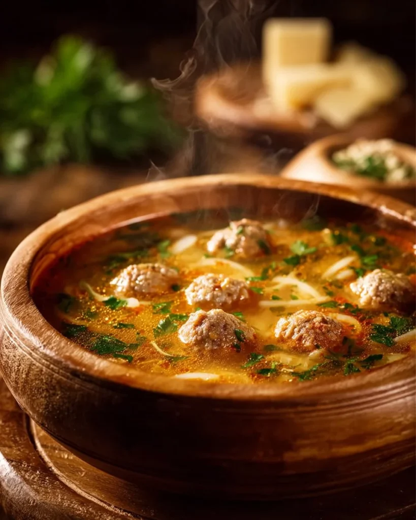Bowl of creamy Parmesan sausage soup with Ditalini pasta and herbs