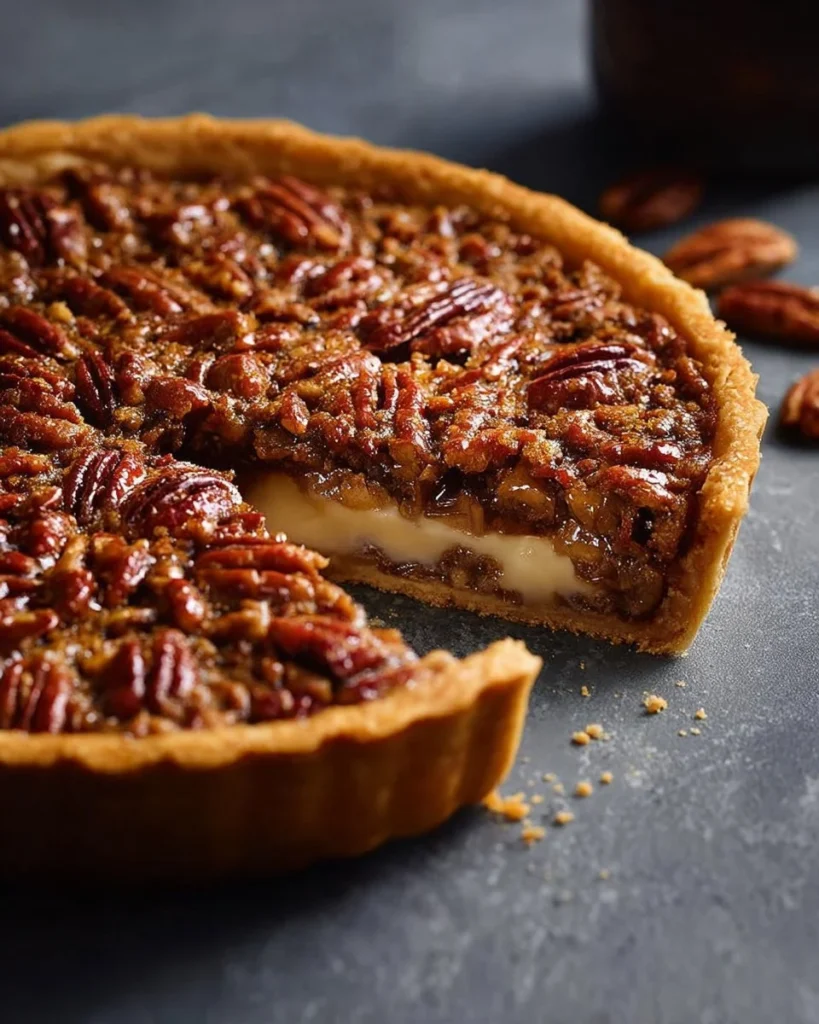 A slice of creamy pecan pie topped with whipped cream on a plate