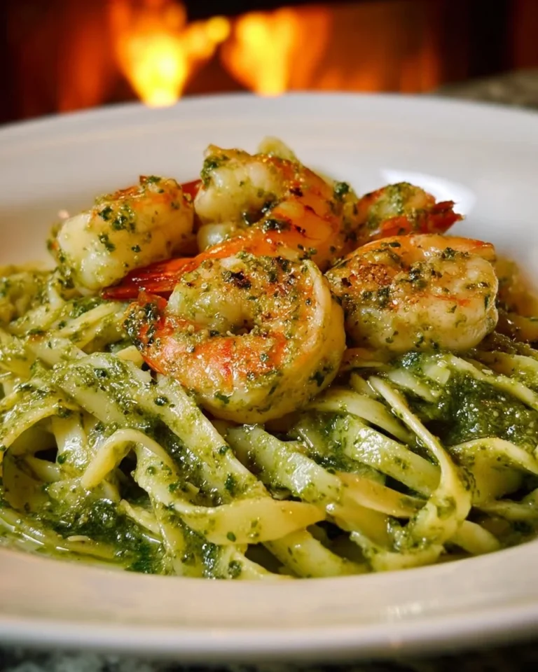 Creamy pesto shrimp linguine with fresh shrimp and basil pesto sauce.