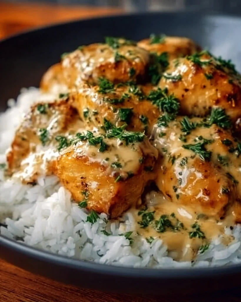 Delicious plate of creamy smothered chicken served over rice