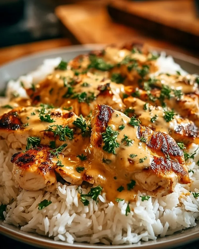 Creamy smothered chicken served over fluffy rice, garnished with herbs.