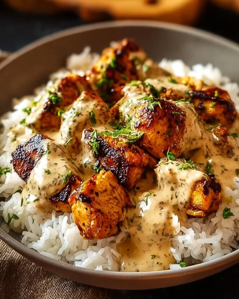 Delicious creamy smothered chicken served with rice on a plate