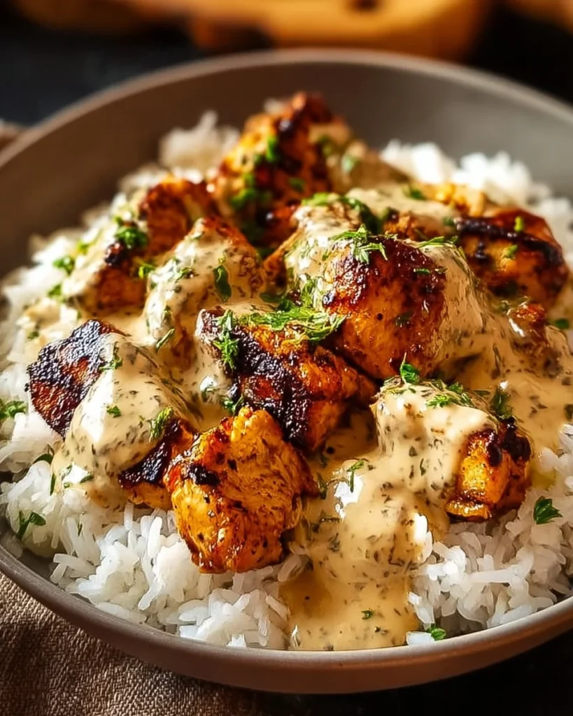 Delicious creamy smothered chicken served with rice on a plate