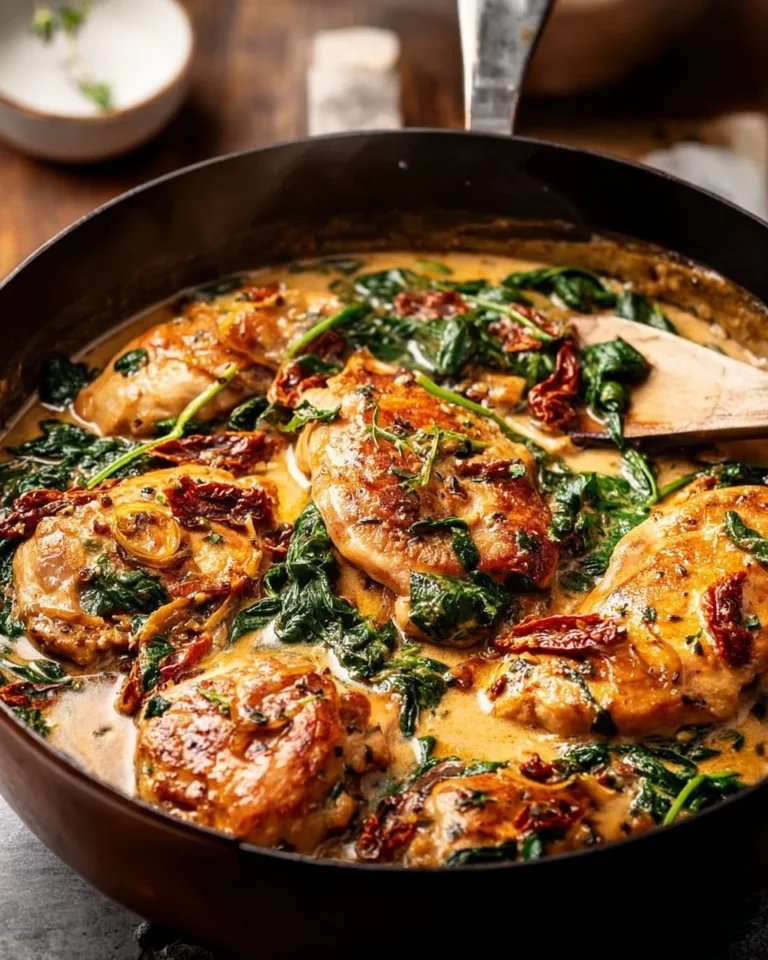 Creamy Tuscan chicken served with spinach and sun-dried tomatoes