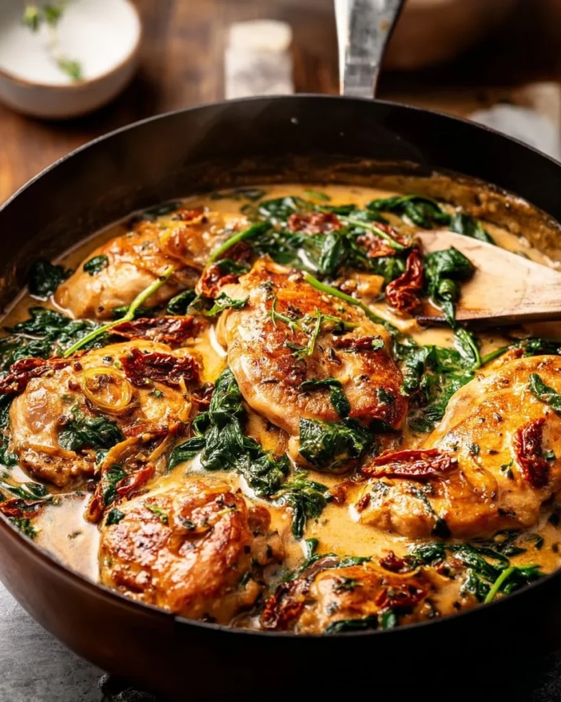 Creamy Tuscan chicken served with spinach and sun-dried tomatoes