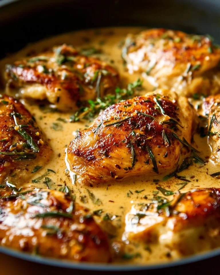 Creamy Tuscan Garlic Chicken Skillet served in a cast iron pan with herbs.