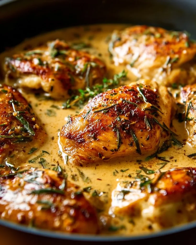 Creamy Tuscan Garlic Chicken Skillet served in a cast iron pan with herbs.