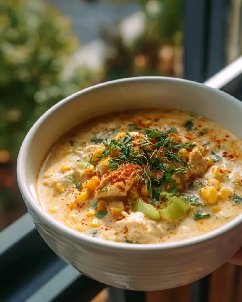 A bowl of Creole Crab Chowder filled with crab, corn, and spices