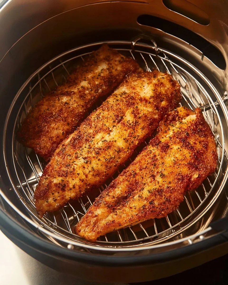 Crispy air-fried fish fillets served on a plate with lemon and herbs