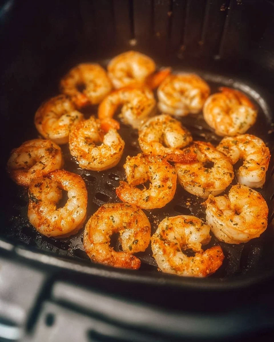Crispy air fryer shrimp served on a plate with dipping sauce.