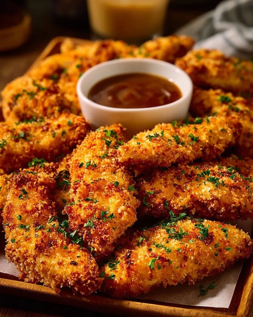 Crispy buttered ranch chicken garnished with herbs on a white plate.