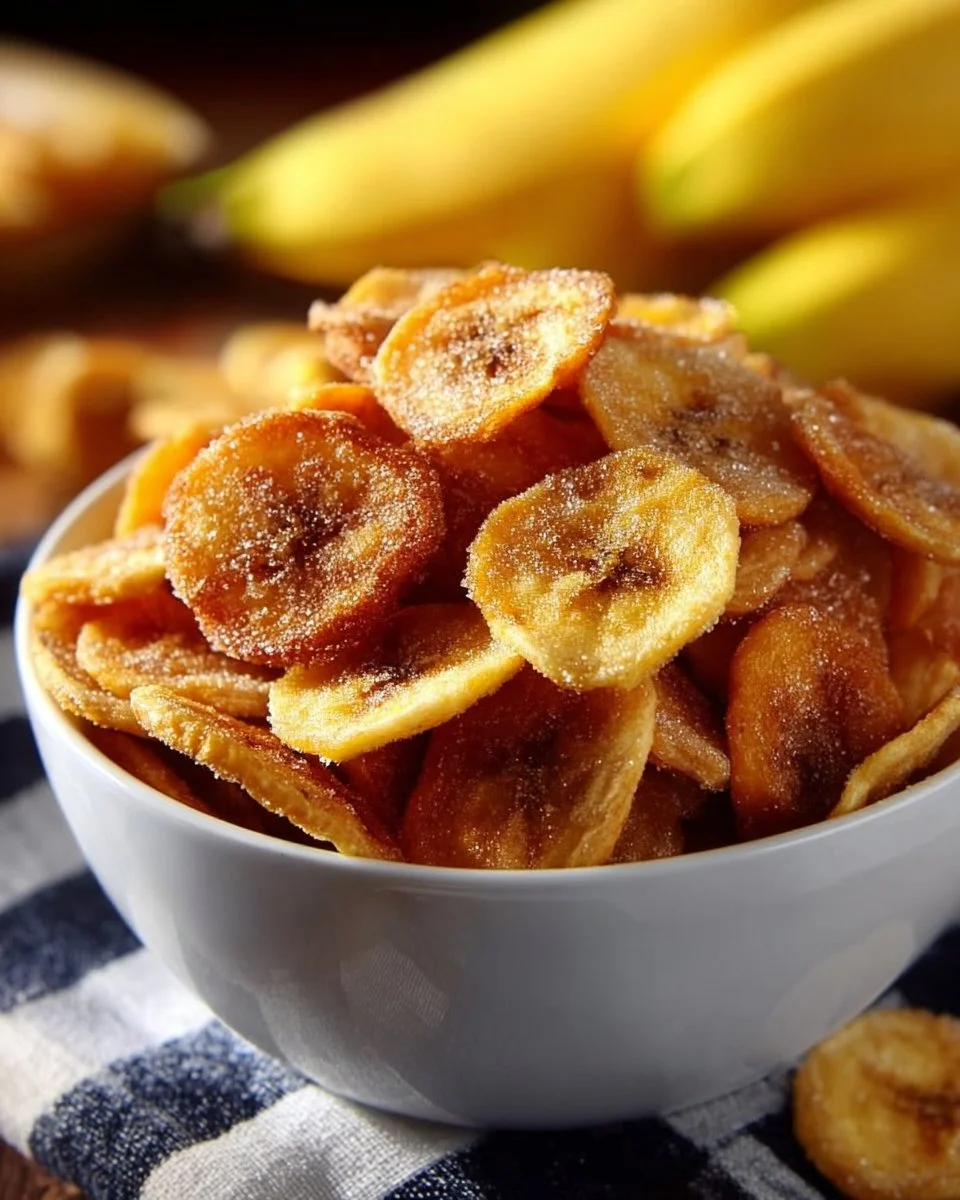 Crispy cinnamon-sugar banana chips arranged on a plate.