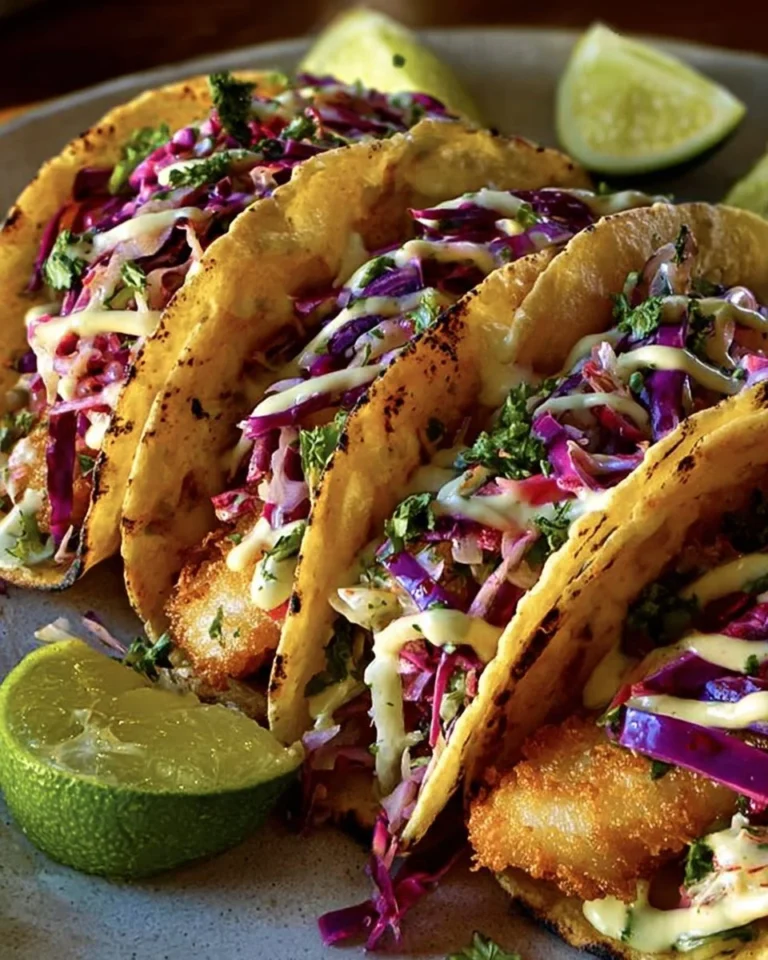 Crispy Fish Tacos topped with Cilantro Lime Slaw on a wooden platter