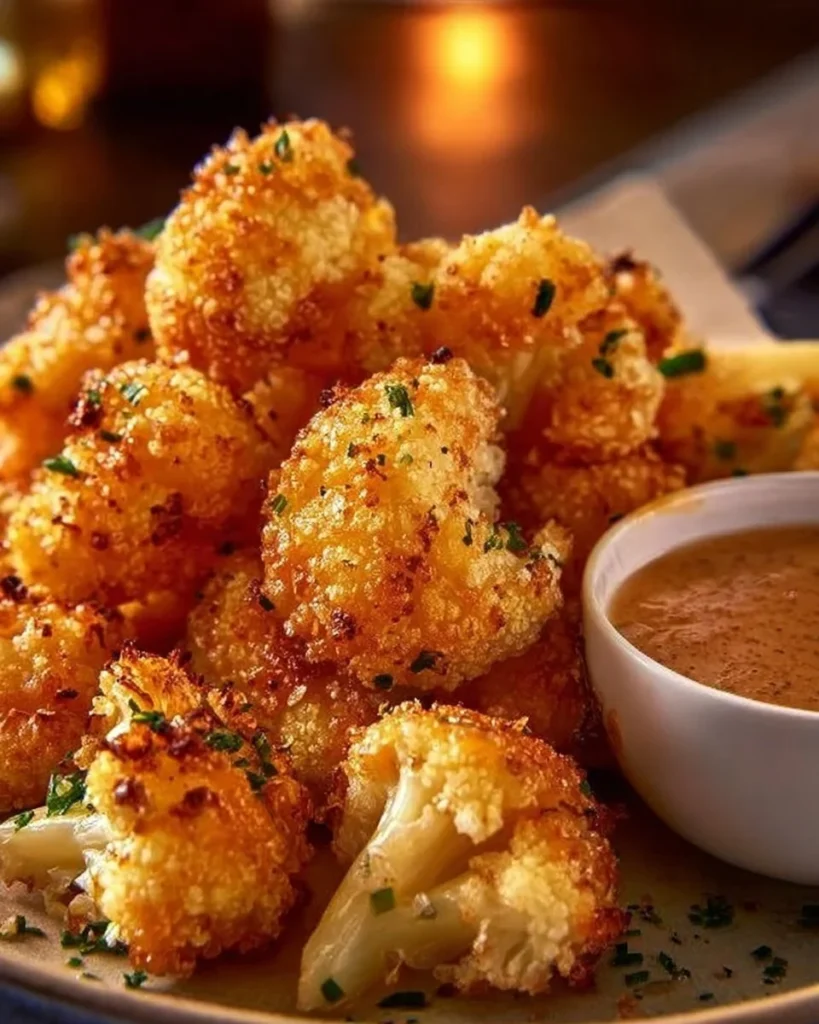 Bowl of crispy roasted cauliflower garnished with herbs and spices
