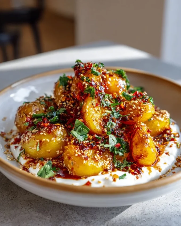 Crispy smashed potatoes garnished with spiced chili oil and feta cloud