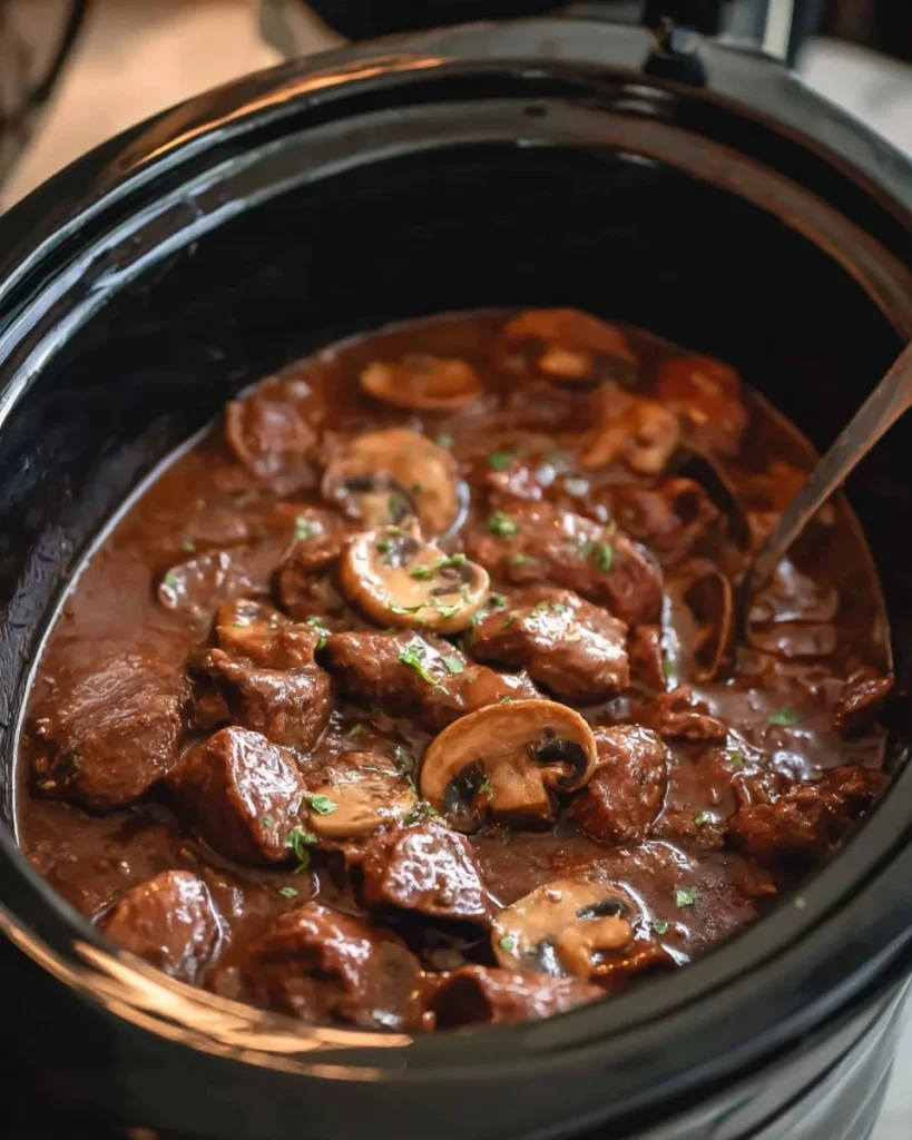 Delicious crockpot beef tips cooked in rich gravy served in a bowl.
