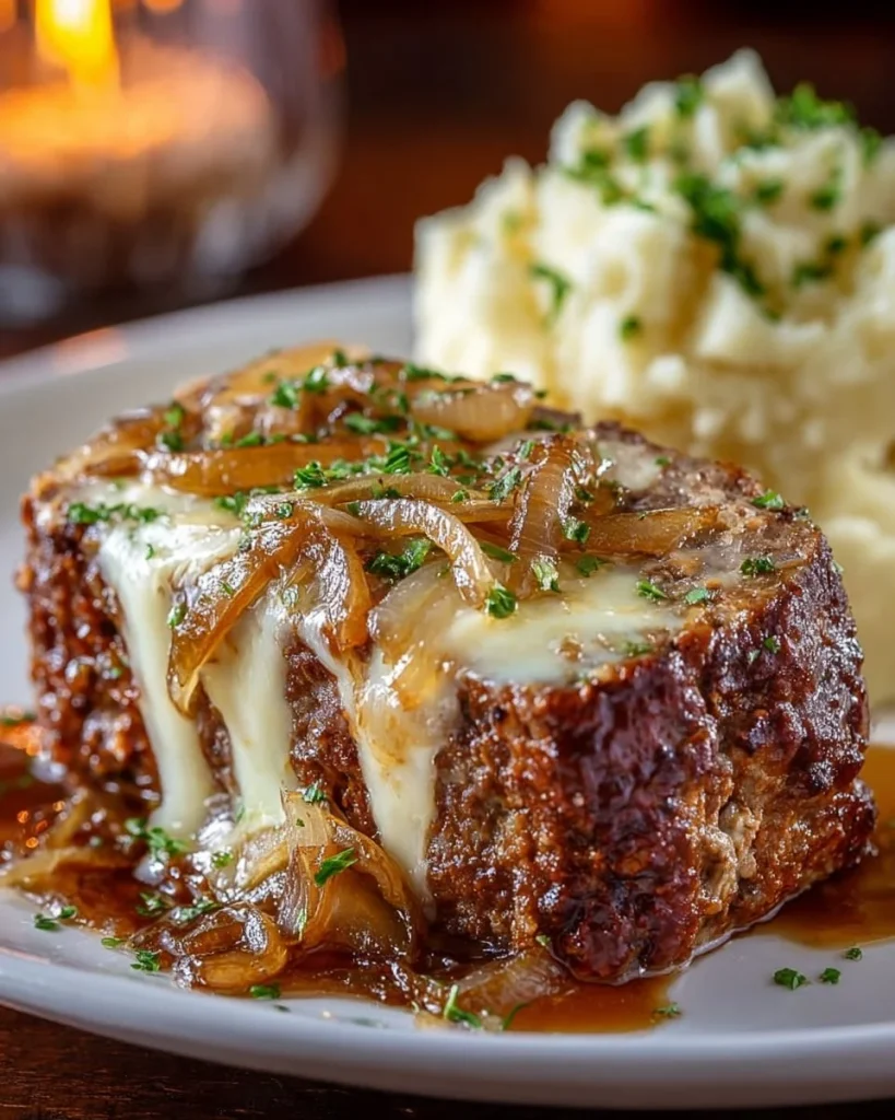 Crockpot French Onion Beefloaf served with caramelized onions and cheese