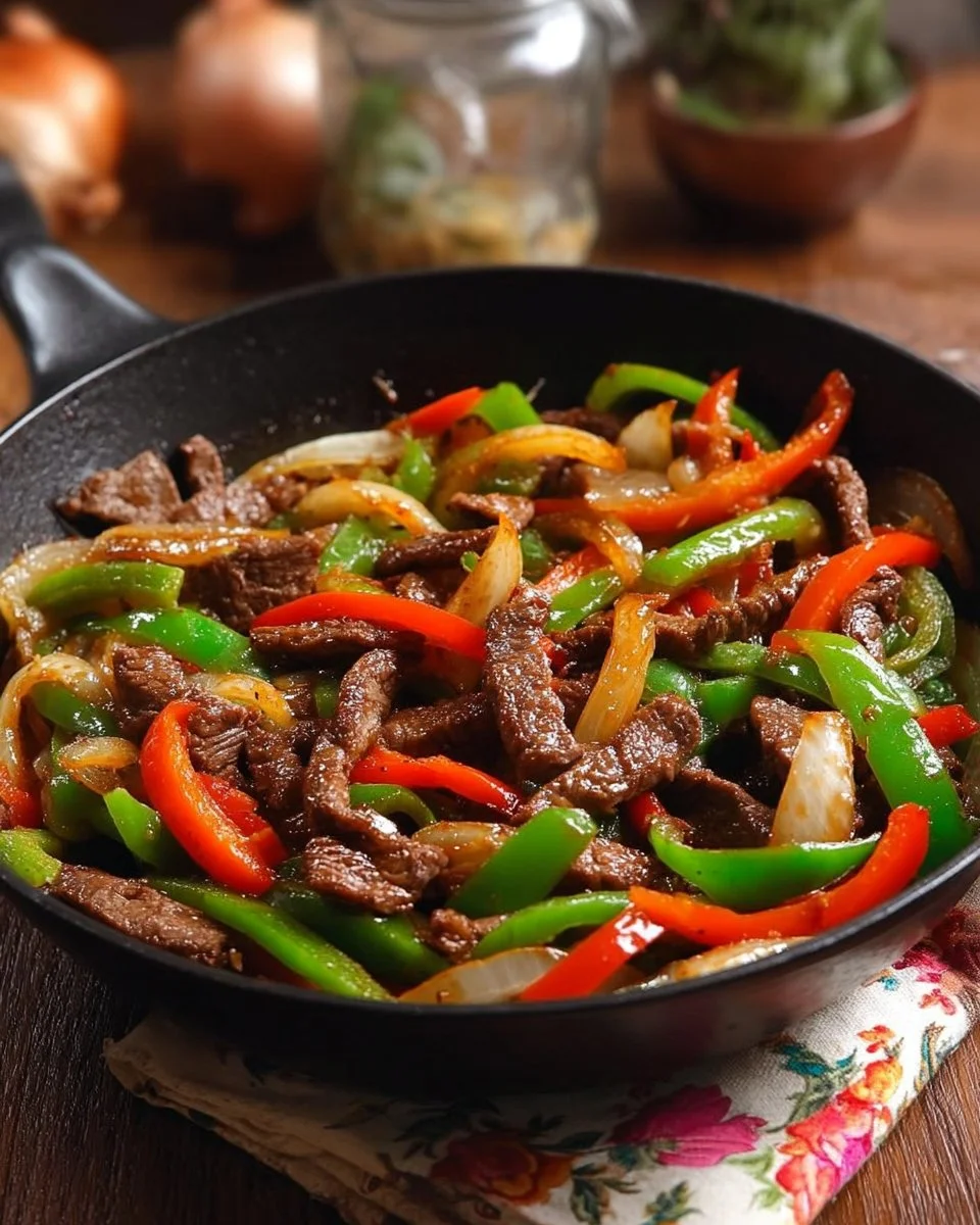 Crockpot pepper steak served with rice on a plate, showcasing tender beef and bell peppers.