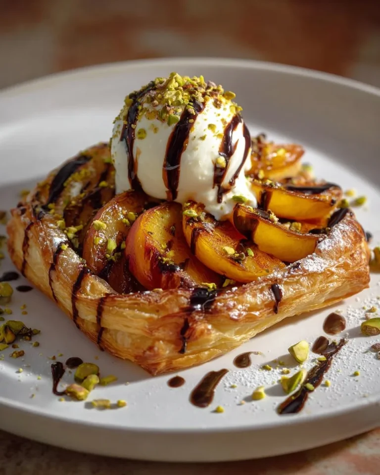 Crowned Puff Pastry Wreath with burrata cheese, grilled peaches, and pistachios