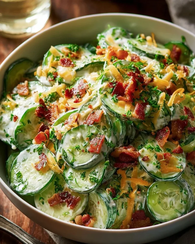 Fresh Cucumber Bacon Salad with crispy bacon and vibrant cucumbers