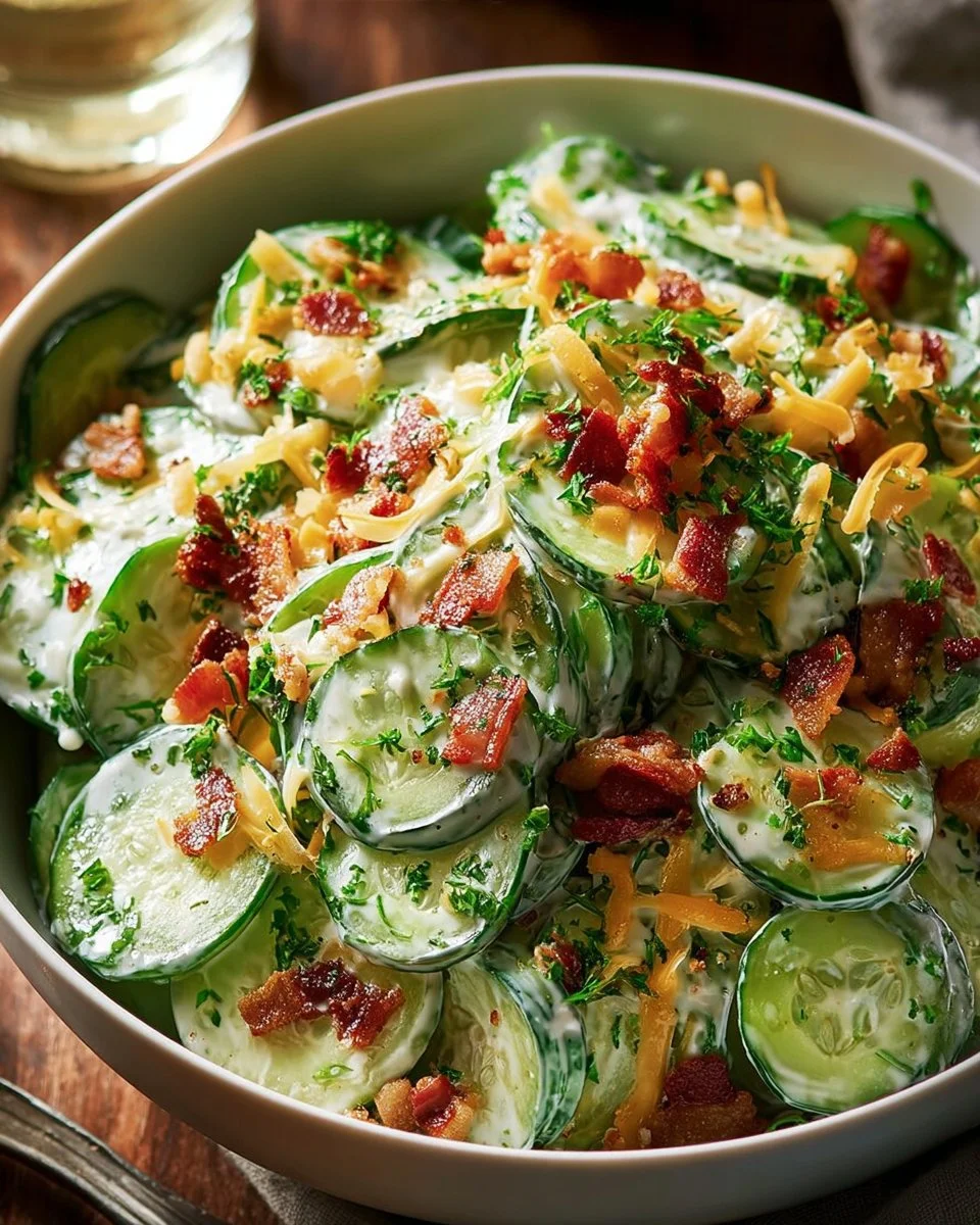 Fresh Cucumber Bacon Salad with crispy bacon and vibrant cucumbers