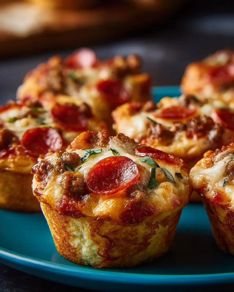 Deep dish pizza cupcakes topped with cheese and marinara sauce