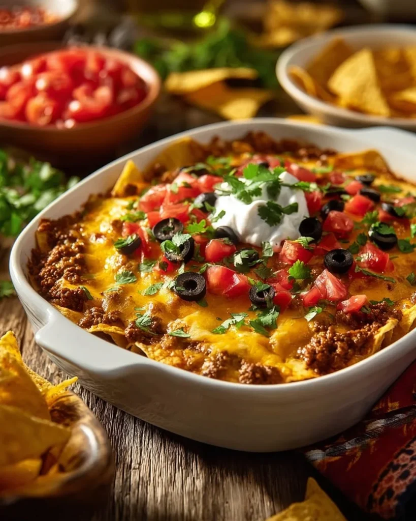 A serving of cheesy Dorito Casserole topped with colorful ingredients