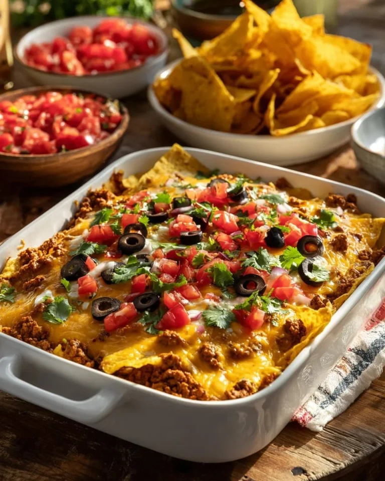 Delicious Dorito Casserole with layers of cheese and chips