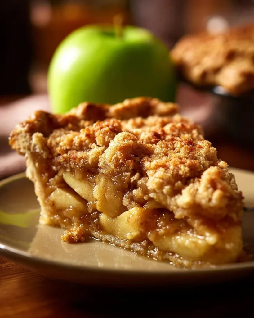 Homemade Dutch Apple Pie with Oatmeal Streusel topping on a rustic wooden table