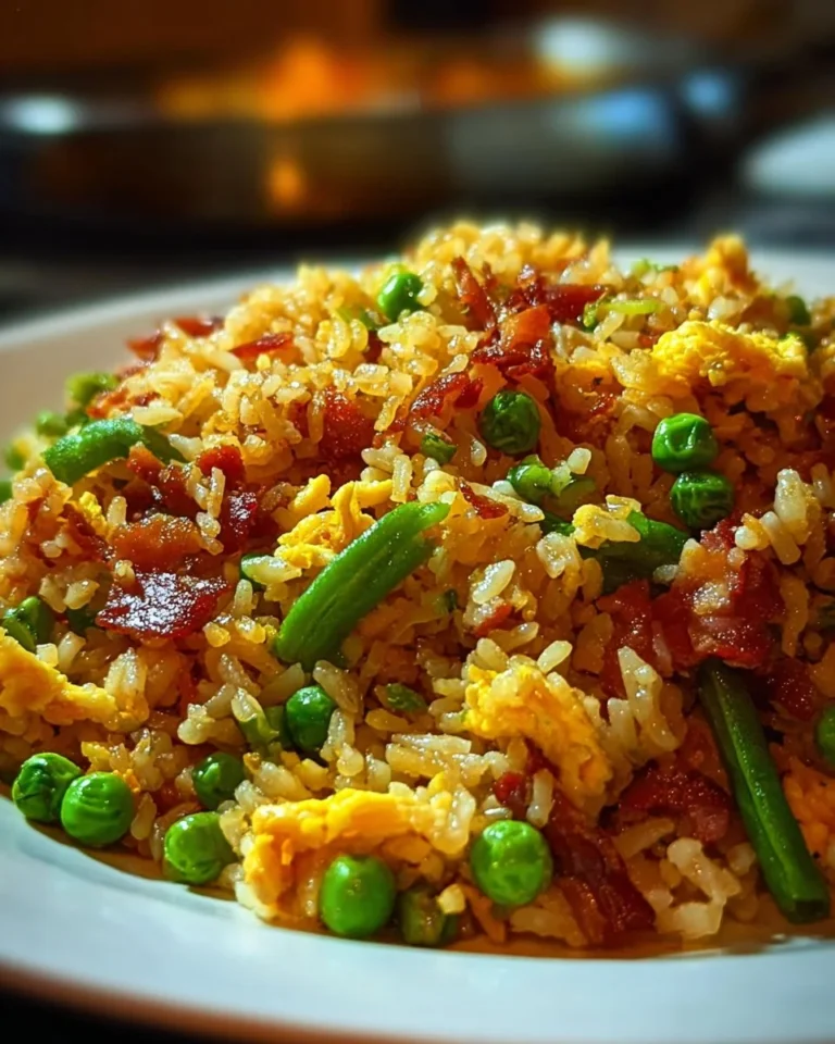 A plate of easy bacon fried rice garnished with green onions.